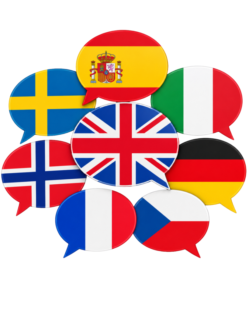 Flagi Wielkiej Brytanii, Niemiec, Francji, Hiszpanii, Włoch, Szwecji, Norwegii i Czech w chmurkach dialogowych